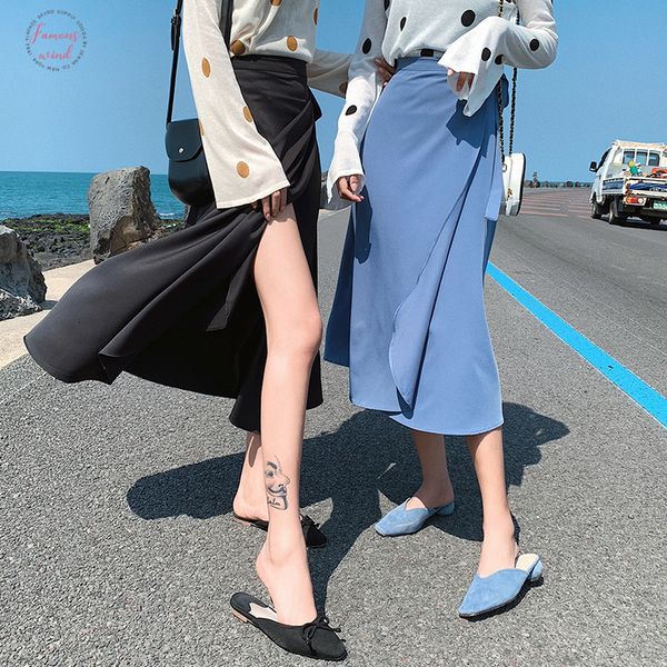 

pleated skirt chiffon one piece lace up korean style summer pink lady split beach wrap skirt women, Black