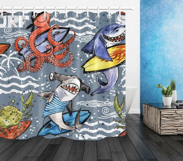 

bathroom waterproof fabric & hooks watercolor marine life shower curtain