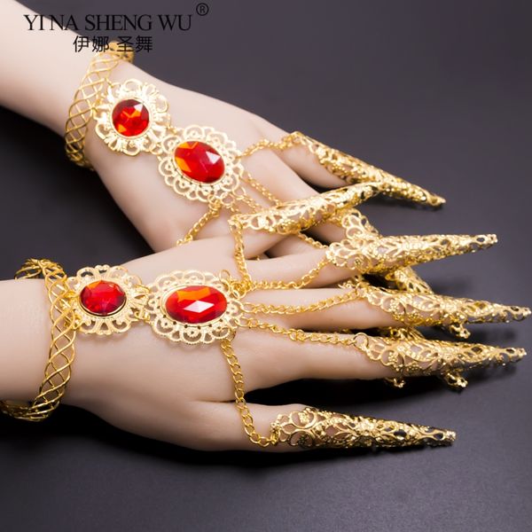 

belly dance nail ethnic dance avalokitesvara nail bracelet gold belly rhinestone nails india accessories 1pair, Black;red