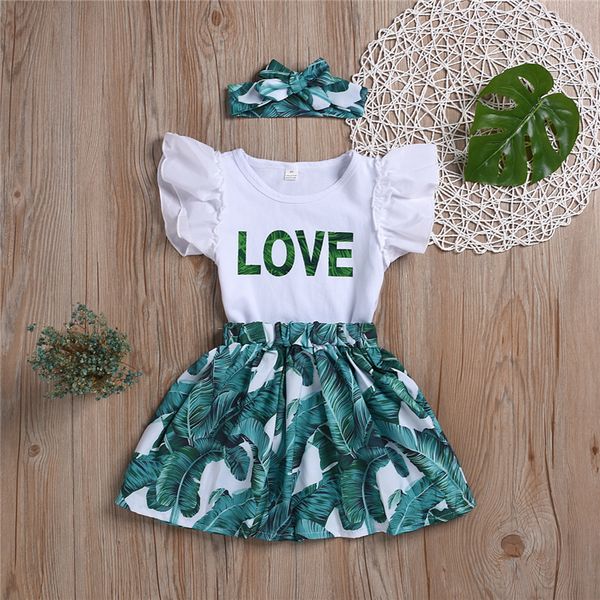 

new summer girl kids clothes set flying sleeve letter printed banana leaf skirt+headband 3 piece set kids designer clothes girls jy591, White
