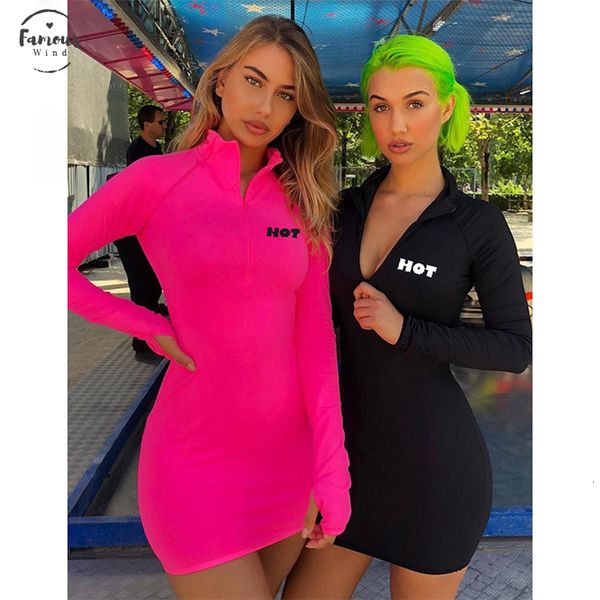 

2019 autumn zipper long sleeve bodycon dress streetwear casual casual print dresses letter mini dresses black pink c70-aa56, Black;gray