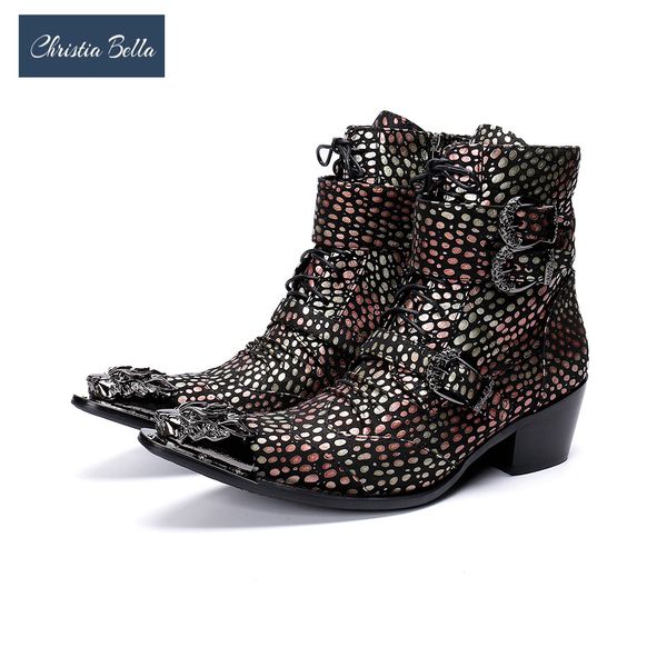 

christia bella print buckle strap men shoes genuine leather boots fashion metal pointed toe boots big size zipper ankle, Black