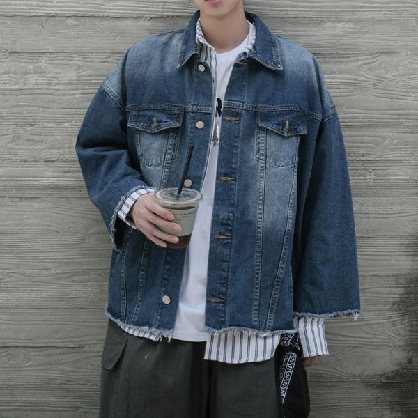

autumn new denim jacket men fashion washed solid color casual tooling denim jacket man streetwear hip hop loose bomber, Black;brown