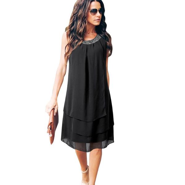 

plus size chiffon summer dresses women sequined sleeveless solid black cascading ruffle dress a line casual vestido 3xl 4xl 5xl, Black;gray