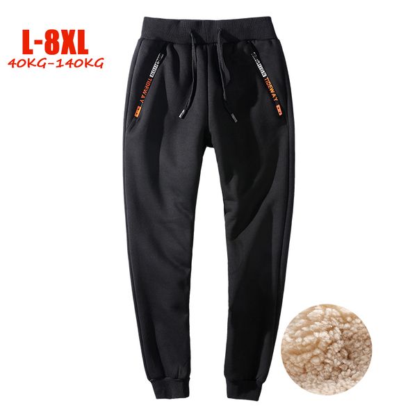 

winter new large size 7xl 8xl sweatpants men casual elastic waist thick fleece male joggers pants spring men velvet britches, Black