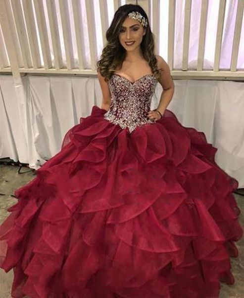 

винтажное бордовое бальное платье quinceanera платья милая оборка из органзы каскадное платье выпускного вечера 2019 топ с бисером корсет де, Blue;red