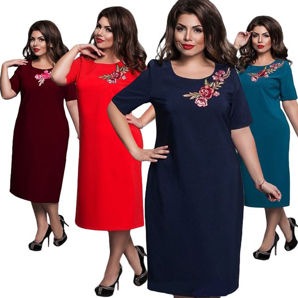 

6xl plus size women clothing new embroidery summer dresses short sleeve casual vestido de festa blue red robe femme, Black;gray