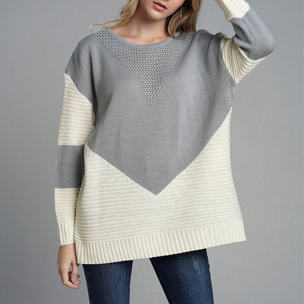 

2019 new women sweater pullover autumn loose casual fashion sleeve and round neck spliced sueter mujer invierno winter clothes, White;black