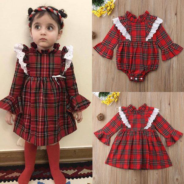 

toddler baby girls classic christmas rompers ruffle long sleeves red plaid jumpsuit dress, Red;yellow
