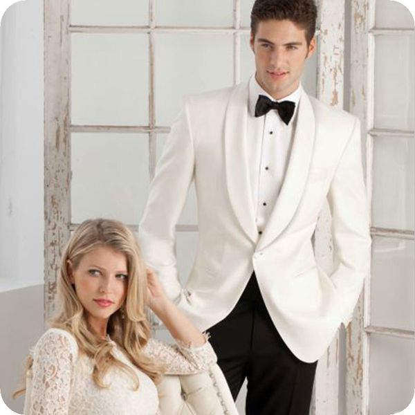 

Tailor-made Ivory Groom Tuxedo Groomsmen Wedding Suits Men Shawl Lapel Formal Evening Party 2Piece Coat Black Pants Man Blazer Costume Homme