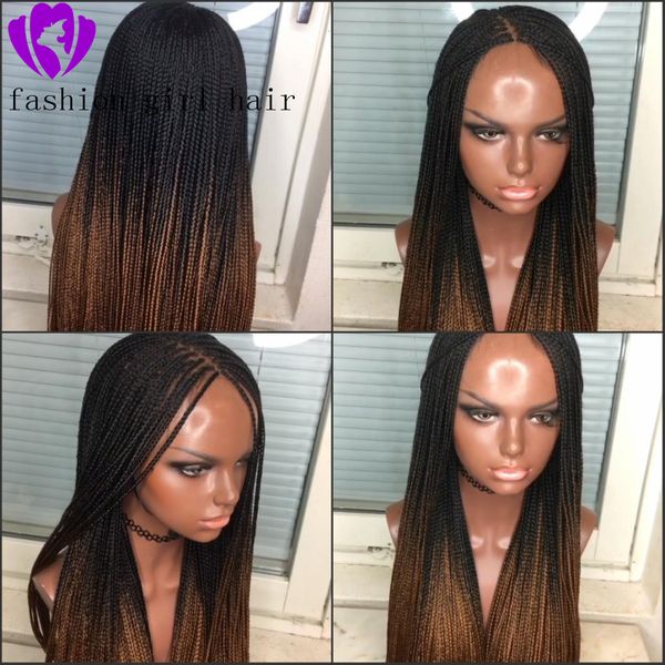 

long braided box braids synthetic lace front wig heat resistant fiber hair ombre brown glueless lace wigs for women with baby hair, Black;brown