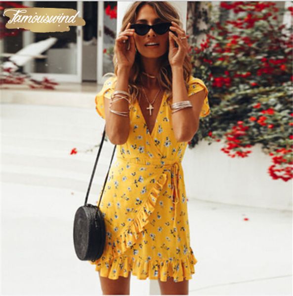 

lady оболочка платья колонка женщин цветочные shortsleeve дамы глубокий v шеи wrap waisted ruffles beach party мини-платье дизайнер одежды, Black;gray