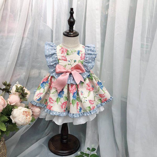 

kids Girl designer clothes Dress Spain style Summer Flower Print Ruffles and Bow Design Lolita Dress Princess Girl Clothing Dress