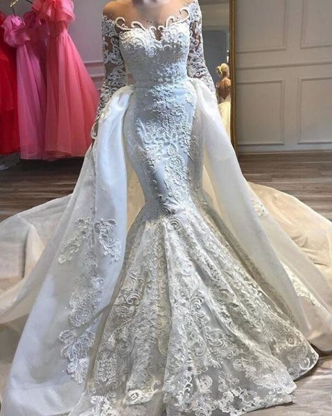 

luxury arabic dubai mermaid wedding dresses with detachable overskirts sheer neck beaded long sleeve bling long train lace bridal gowns 2020, White