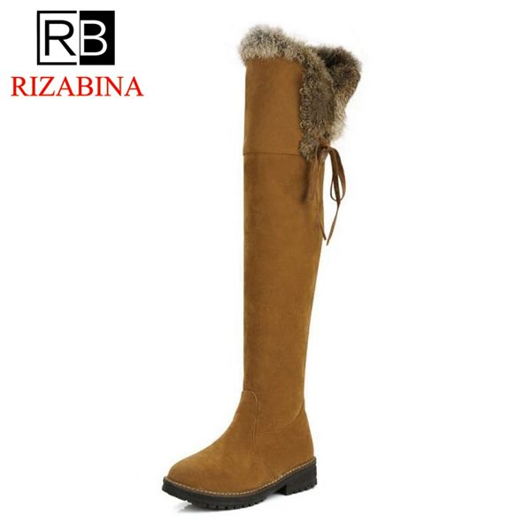 

rizabina women flats boots round toe fur over knee boots ladies warm winter shoes elegant shoes women footwear size 34-39, Black