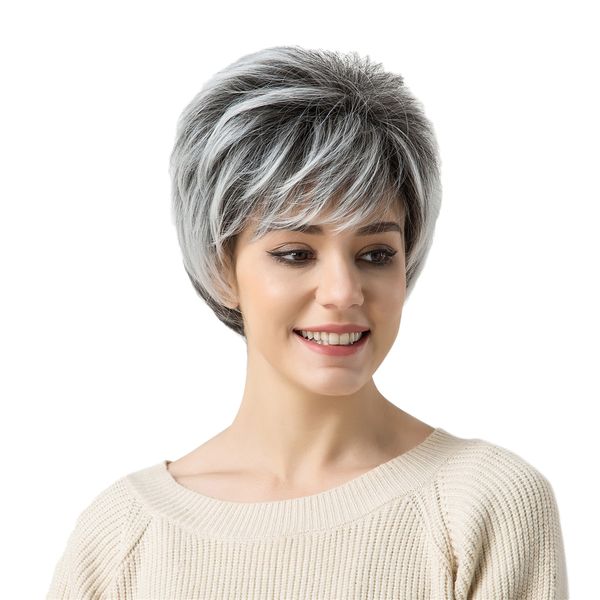 

natural light gray dark root straight short hair wigs heat resistant synthetic wig women's fashion wig with net cap, Black