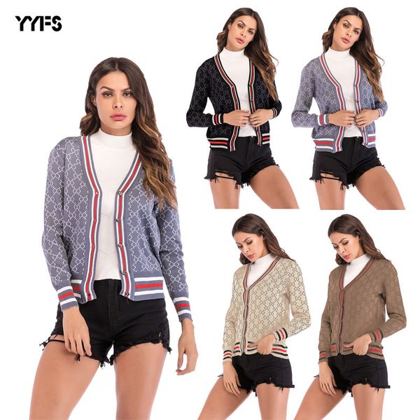 

new european and american women's clothes collision chequered knitted cardigan long sleeve v-collar fashion small coat, White