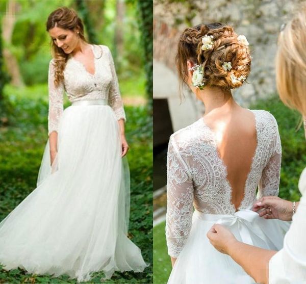 

bohemian-линии кружева свадебные платья иллюзия backless страна boho свадебное платье длина пола деревенское платье невесты с длинным рукаво, White