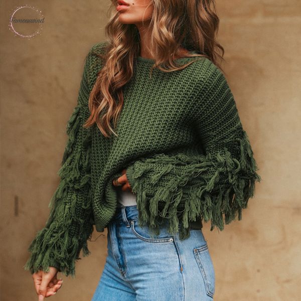 

tassel knitted sweater women pullover loose casual army green winter jumper female o neck autumn sweater femme, White;black