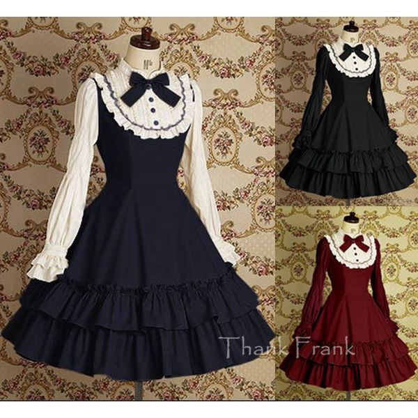 

cotton sweet lace lolita dress with long sleeve and bow l1, Black;red