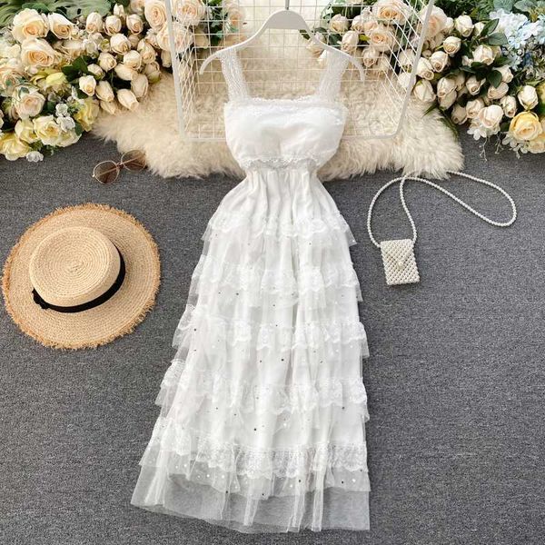 

summer 2020 new sweet lace ruffle long dress word collar strap white dress sequined clothes vestidos, Black;gray