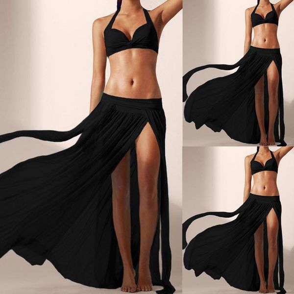 

women's skirt women boho chiffon high split long maxi skirt beach skirt women's stretch mesh beach women's skirts, Black