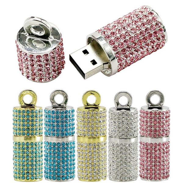 

metal crystal necklace thumb drives cylindrical pen drive 4gb 128 gb 8gb 32gb 64gb memory stick usb2.0 usb flash disk drive uk0001