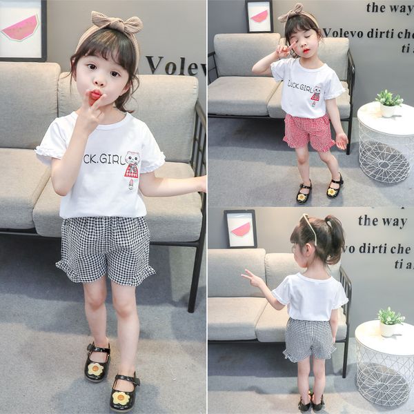 

2020 summer baby girls sets lettered cat with plaid shorts children's clothing wholesale, White