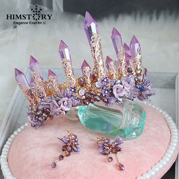 

retro european style baroque brides crown tiara purple crystal handmade flower beaded headpieces wedding hair accessories, Golden;white