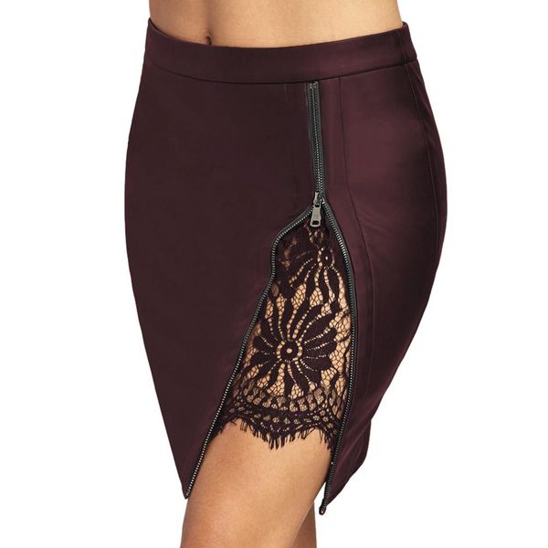 

women zipper lace patchwork faux leather high waist bodycon midi skirt hot, Black