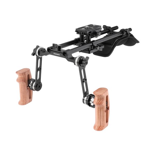 

camvate pro shoulder support rig with manfrotto quick release baseplate & arri rosette extension arm wooden hand grip pair item code: c2424