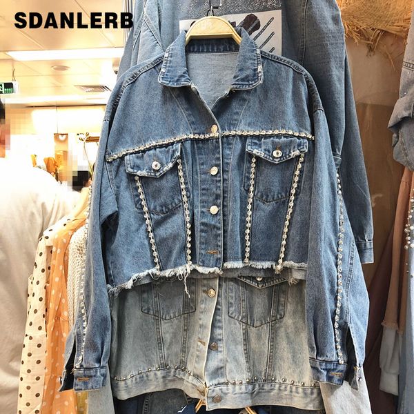 

spring and autumn ripped jeans jacket woman 2019 new korean loose studded drill-fringed wool edge long-sleeved denim jackets, Black;brown