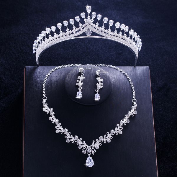 

wedding bridal jewelry sets cz cubic zirconia tiara necklace earrings for women hair accessories girl king princess crown, Slivery;golden