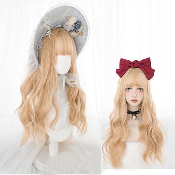 

cosplaymix 68cm lolita cosplay wig heat resistant japan cute long wavy hair gold anime party synthetic bangs+cap, Black