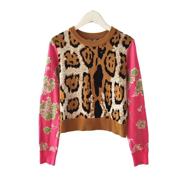 

2019 new autumn winter stitching leopard long sleeve wool blended knit shirt luxury women sweaters designer sweater pullover plus size s-l, White;black