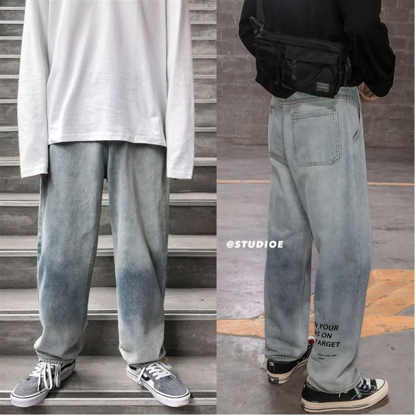 

2019 spring and autumn new print loose washed gradient jeans fashion casual youth popular wild trousers sky blue -2xl