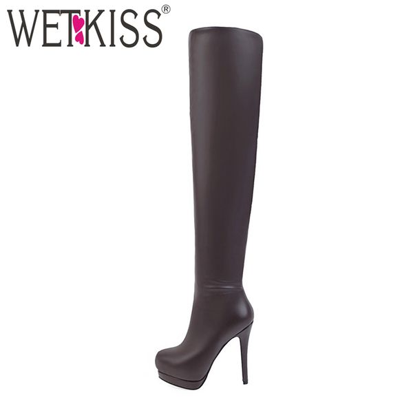 

wetkiss 2018 13 cm high thin heels over the knee boots winter short plush thigh high boot female platform footwear zipper, Black