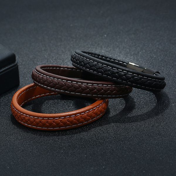 

genuine leather charm bracelet black stainless steel magnetic buckle clasps vintage women men bracelets & bangles men jewelry, White