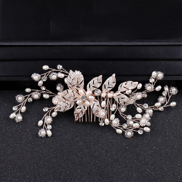 

1pcs new style luxury rhinestone leaf hair combs wedding women hair jewelry pearl plant shape head decoration for bride, Golden;white