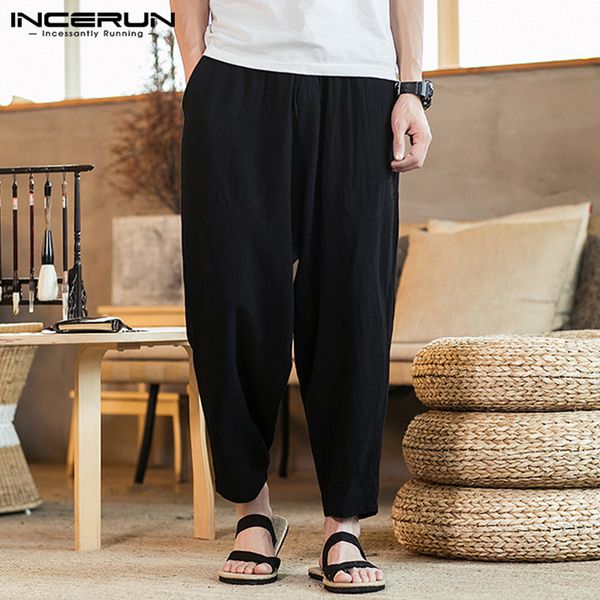 

incerun cotton harem pants men plain elastic waist casual joggers 2020 loose drop-crotch pants streetwear pockets trousers men, Black