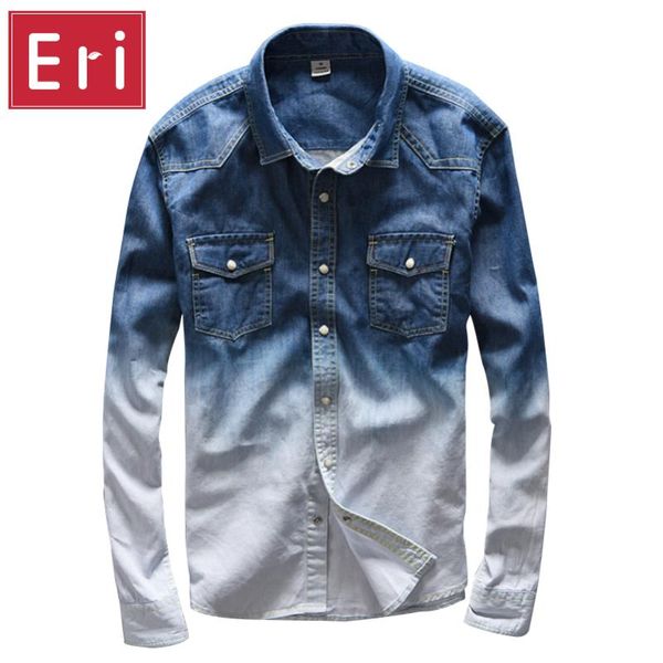 

2017 new brand gradient color jeans shirt men casual brand denim shirts men cotton long shirt mens overhemd mannen homens x538, White;black