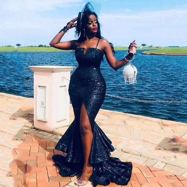 

2020 navy blue summer prom dresses split side backless sequined long evening gowns plus size bridesmaid dress, Black;red