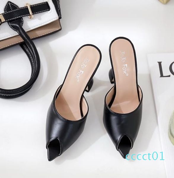 

9cm fashion spool high heels mules concise peep toe pumps black pu leather designer shoes size 35 to 41