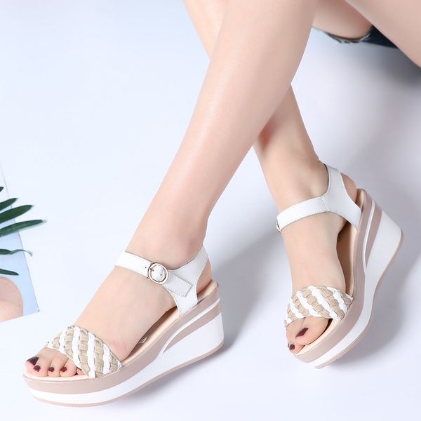 

2020 summer new sandals wedge heel thickened increased sandals women's fashion wild soft bottom non-slip leather women's shoes, Black