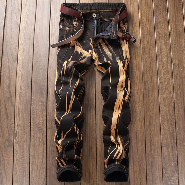 

new hip hop mens denim fashion joggers mens printed jeans vintage distressed straight fit denim pants, Blue