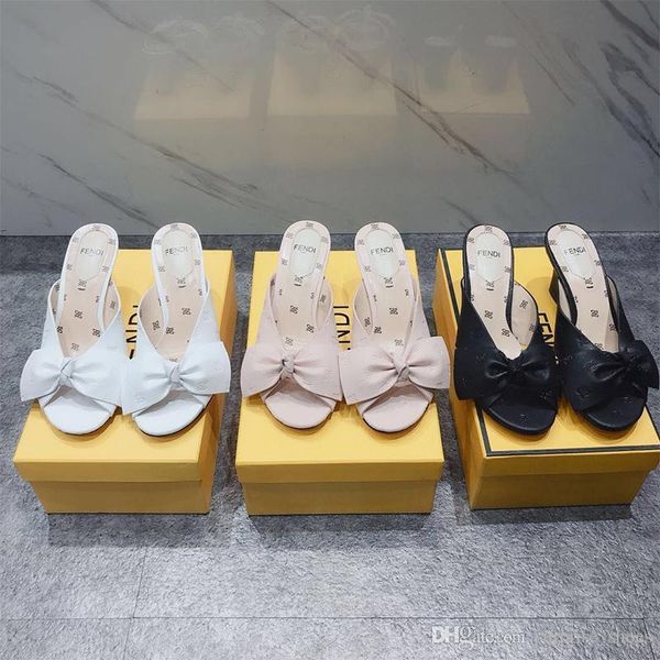 

2020 fashion designer bow sandals dress slippers for women 6cm high heels designer flower printed beach flip flops slipper size 35-41, Black