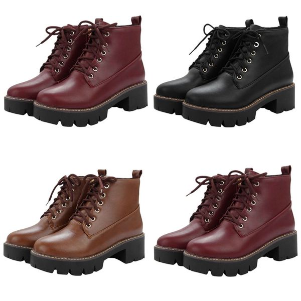 

round head boots women lace-up platform western style booties casual thick bottom ankle boots fashion winter warm botas mujer, Black