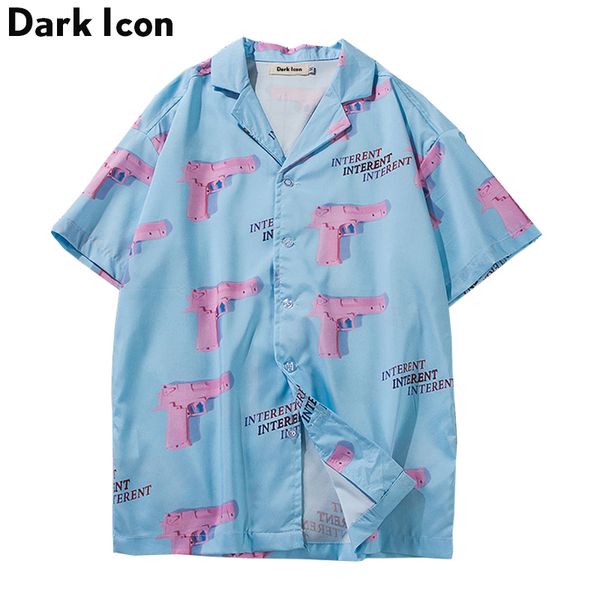 Turn-down Collar Hawaii Style Men's Shirts 2018 Summer Pink Gun Full Printing Casual Shirt Men Q190330