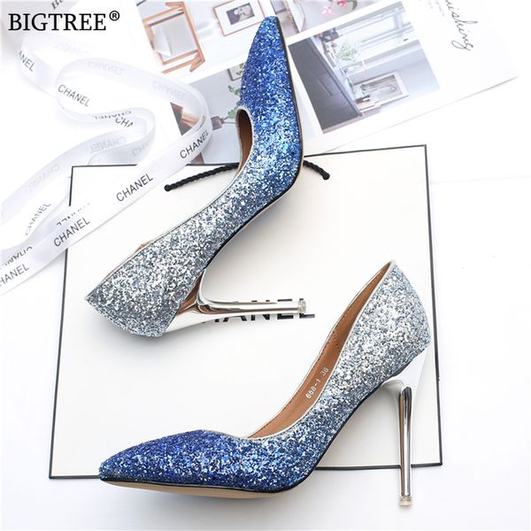 

big size shoes women high heels 2019 star brand wedding shoe fashion party pumps golden paillette heels female zapatos de mujer, Black