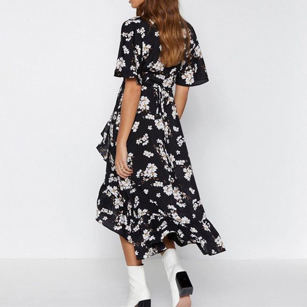 

flora printed dresses floral print beach dress summer boho style ruffles chiffon dress casual v neck split party dresses robe femme, Black;gray